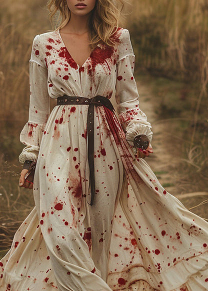 Pastoral Style V Neck Ruffled Patchwork Cotton Long Dress Spring