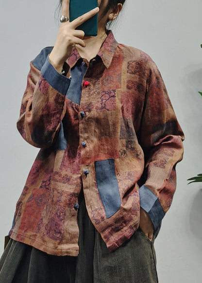 Chocolate Linen Shirt Top Button Peter Pan Collar Long Sleeve