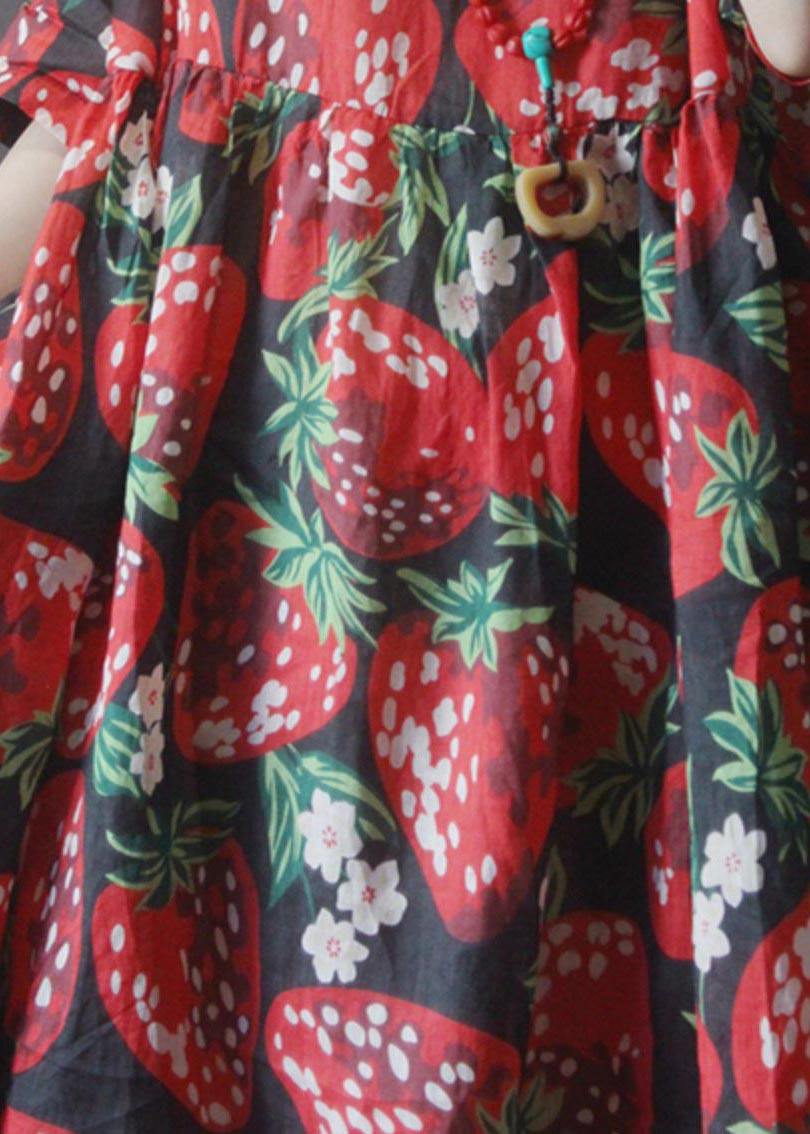 Black Print Strawberry High Waist Long Dresses Summer Linen