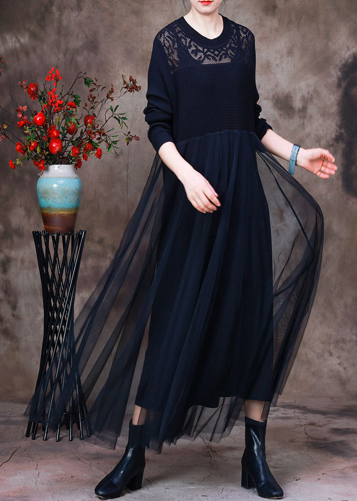 Black O-neck Hollow Out Knit Dress Long Sleeve