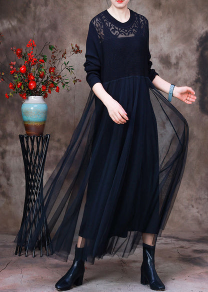 Black O-neck Hollow Out Knit Dress Long Sleeve