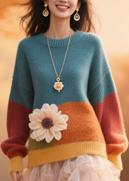 Colorblock O Neck Knit Pullover Fall
