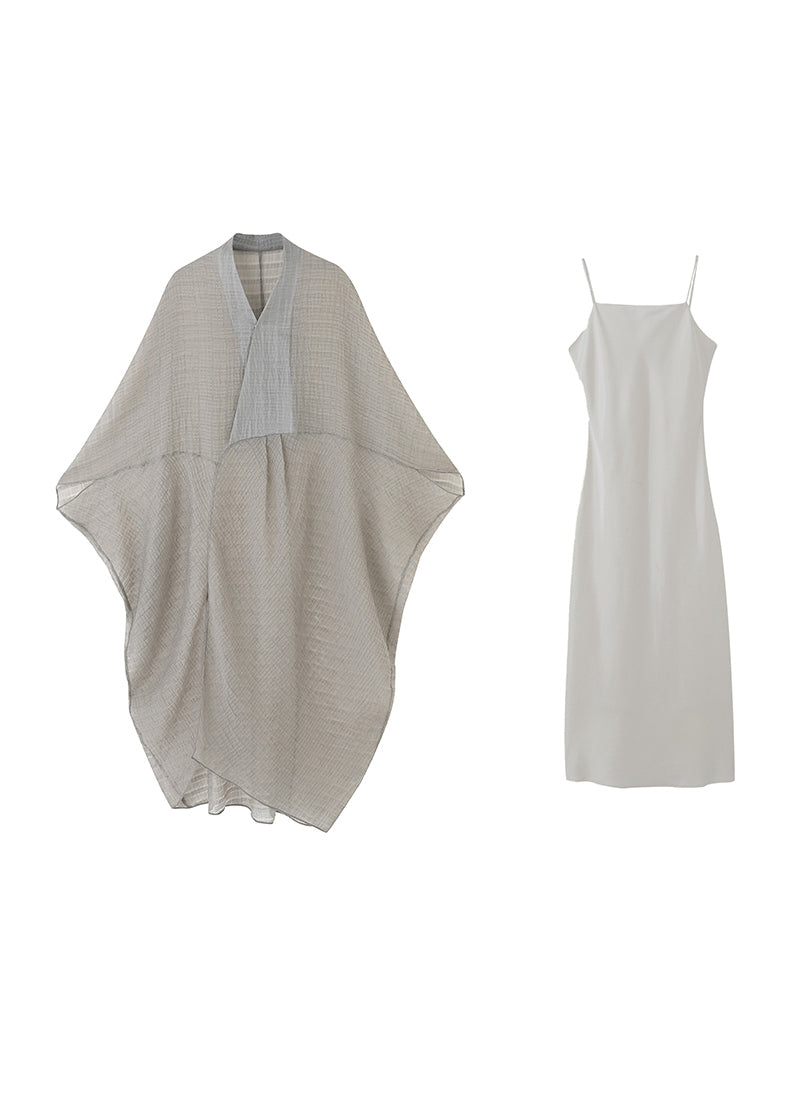 Grey V Neck Patchwork Cotton Dress Two Piece Set Summer