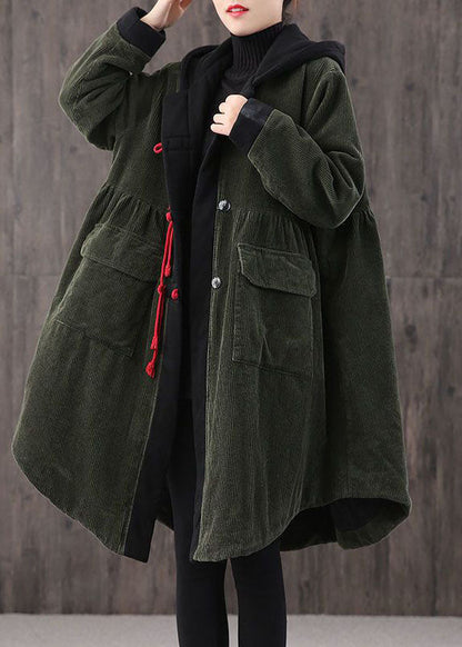 Tea Green Hooded Button Pockets Patchwork Winter Cotton Parka Long Sleeve Coat