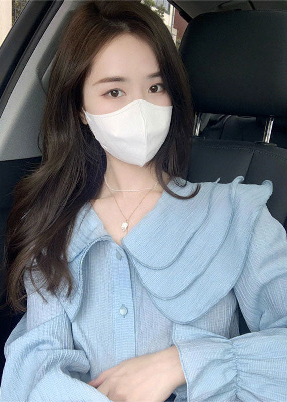 Light Blue Peter Pan Collar Wrinkled Chiffon Blouse Top Long Sleeve