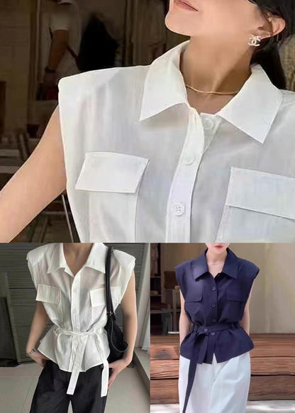 Navy Peter Pan Collar Button Cotton Shirt Sleeveless