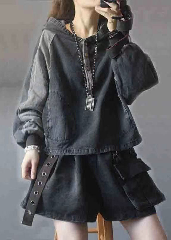 Black Hooded Patchwork Button Fall Denim Pullover Street Wear