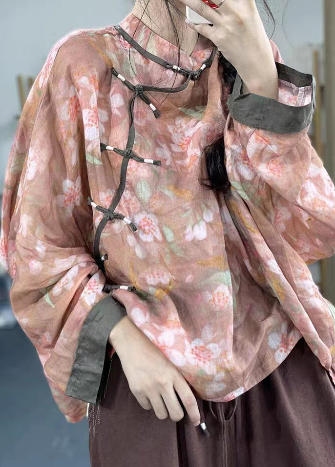 Loose Gray Bamboo Button Print Patchwork Cotton Shirts Long Sleeve