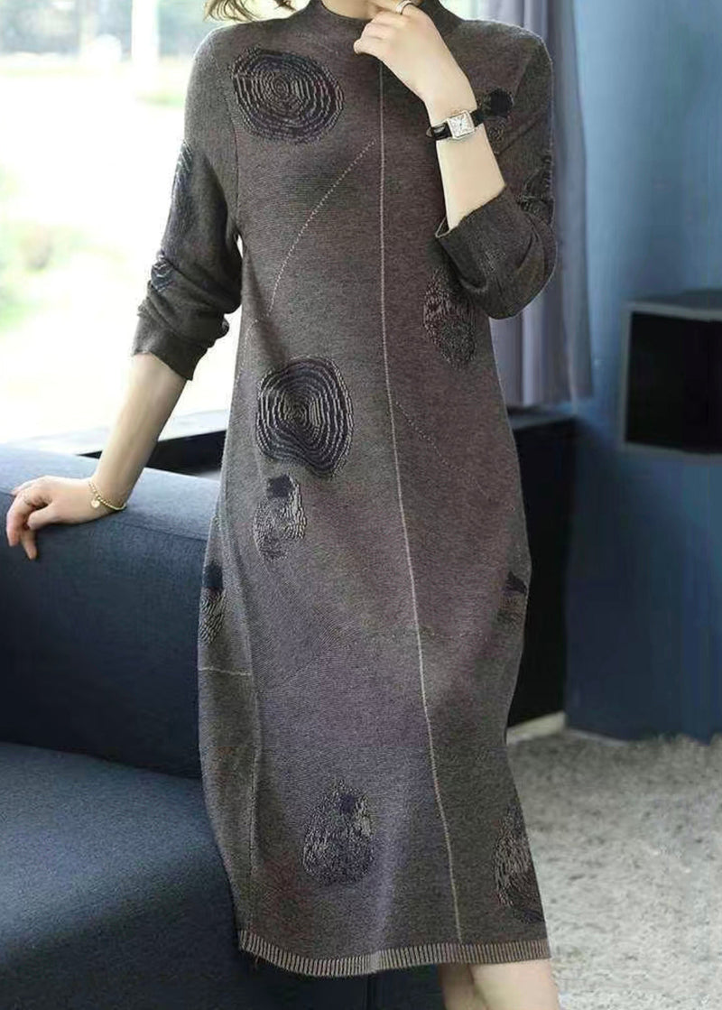 Grey Turtleneck Patchwork Cotton Knit Dress Fall