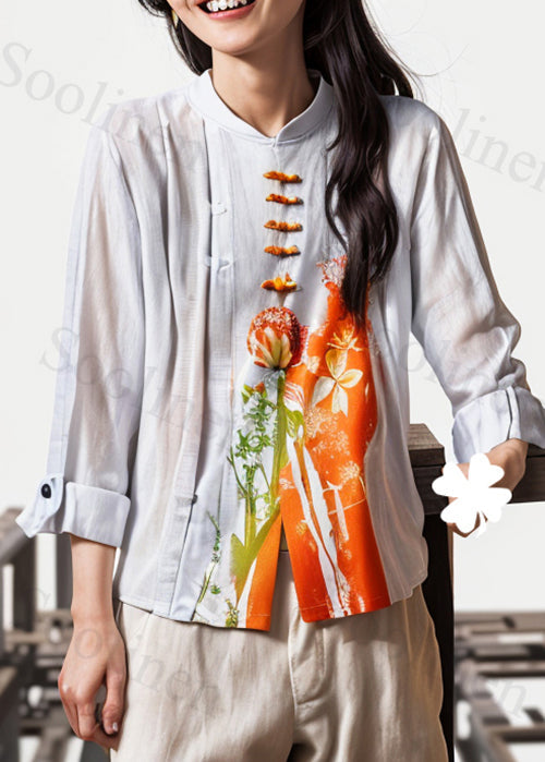 Beige Stand Collar Button Print Cotton Shirts Fall
