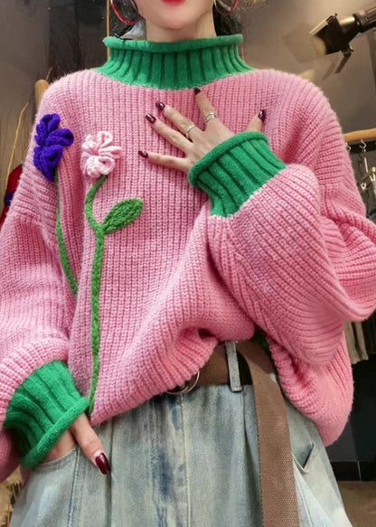 Stylish Pink Hign Neck Patchwork Knit Sweater Winter