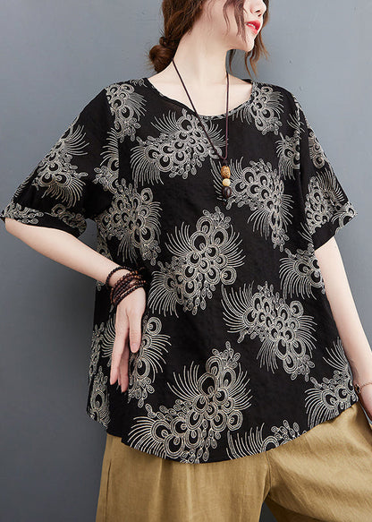Black Print Loose Cotton Shirt Tops Short Sleeve