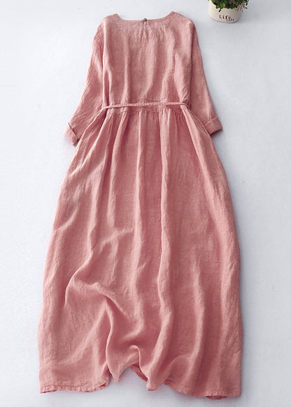 Dark Purple Embroidered Tie Waist Linen Maxi Dress Spring
