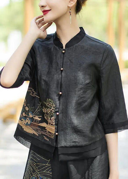 Original Design Black Stand Collar Embroideried Patchwork Silk Top Half Sleeve