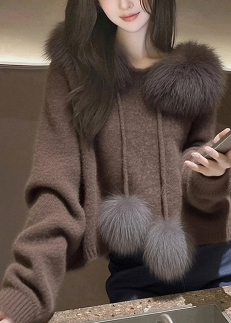 Modern Brown Hooded Patchwork Faux Fur Knit Sweater Tops Spring