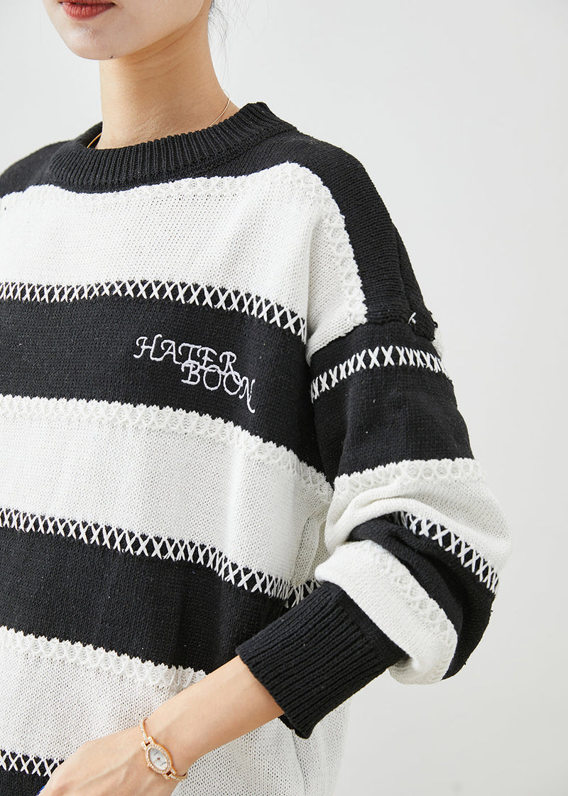 Fitted Black White Striped Letter Embroideried Knitted Tops Winter
