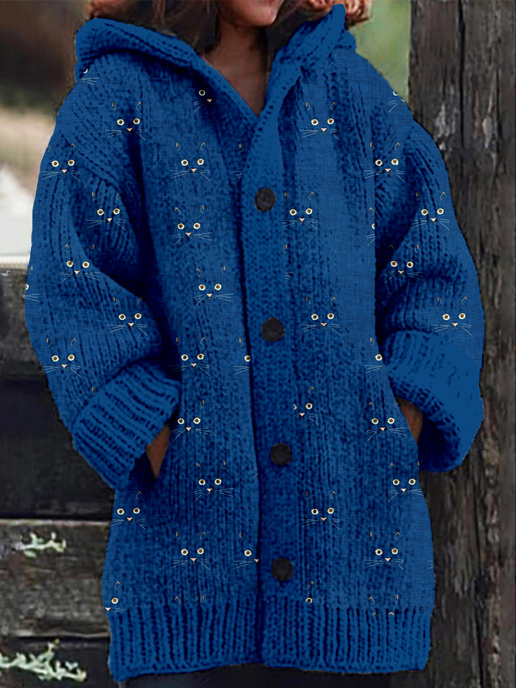 Comstylish Cute Blue Cat Face Cozy Hooded Cardigan