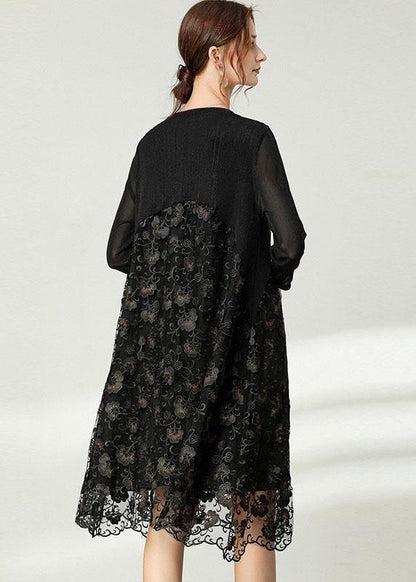 Black Lace Patchwork Fall Dress Long Sleeve