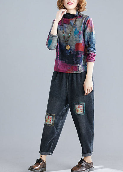 Rose Turtle Neck Tie Dye Cotton Shirt Top Spring