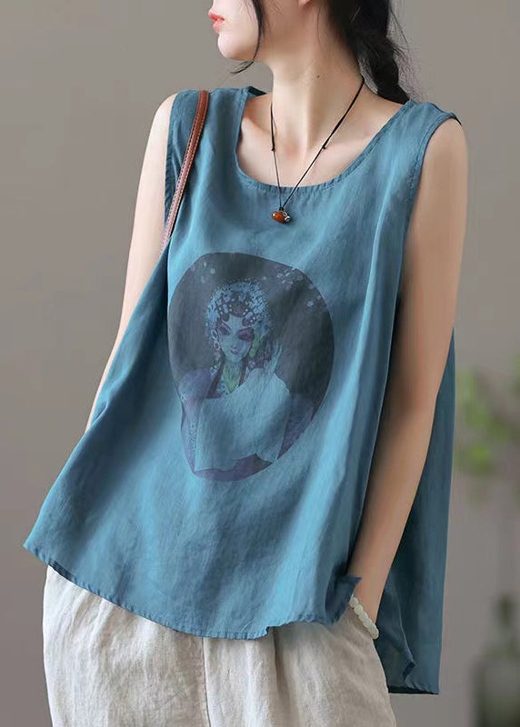 Loose Apricot O-neck Print Linen Tank Sleeveless