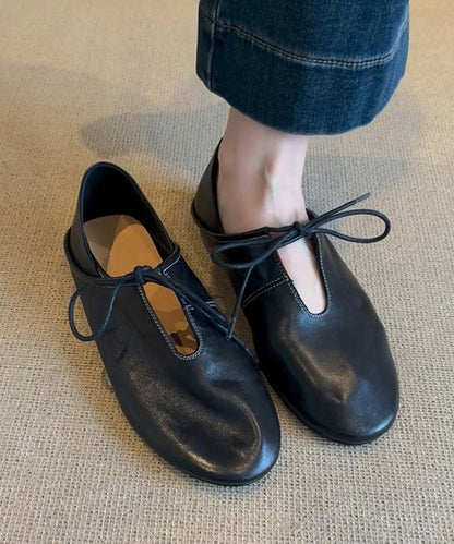 Black Cowhide Leather Lace Up Splicing Flat Shoes