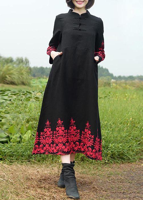 Vivid Stand Collar Spring Tunics Work Black Embroidery Long Dresses