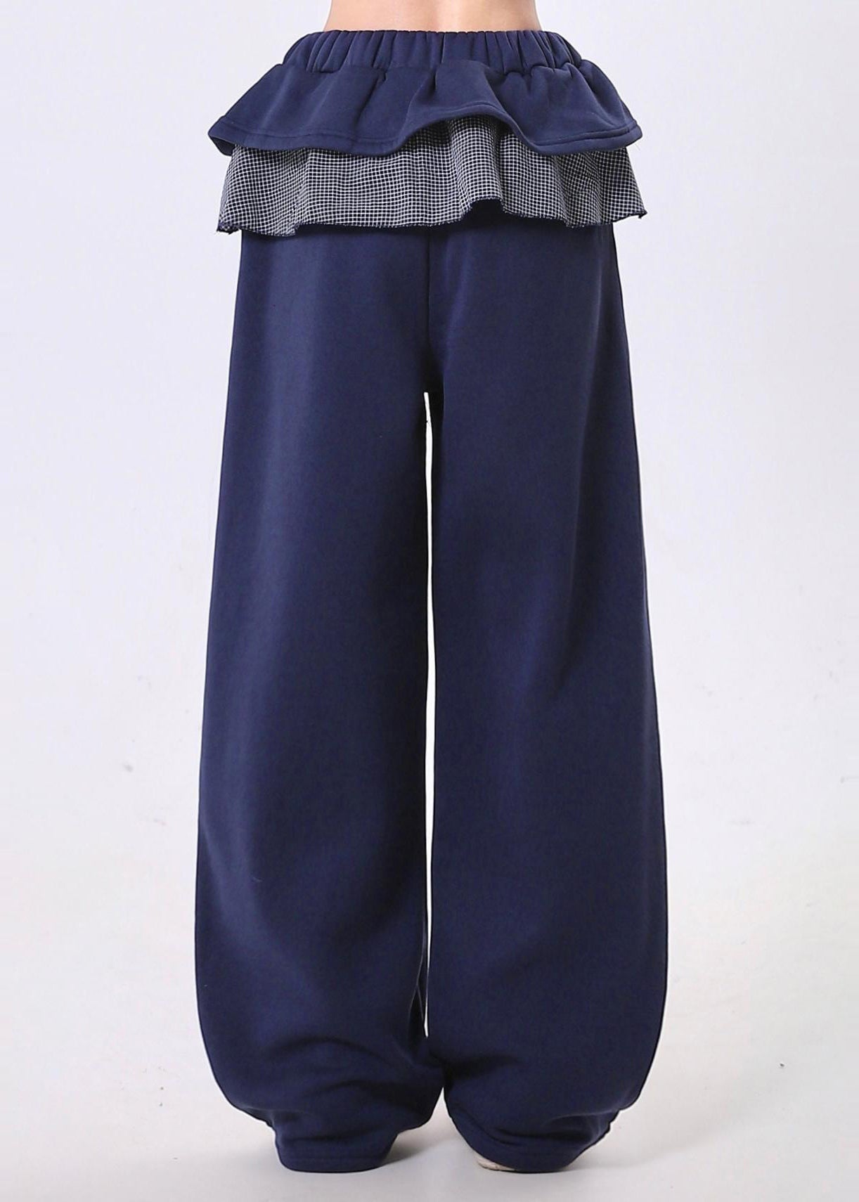 Navy Elastic Waist Patchwork Ruffles Cotton Pants Spring