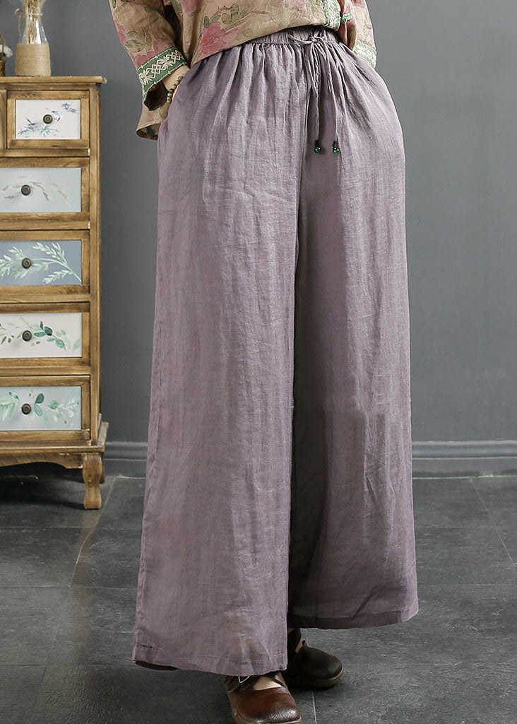 Green Pockets Elastic Waist Ramie Wide Leg Pants Summer