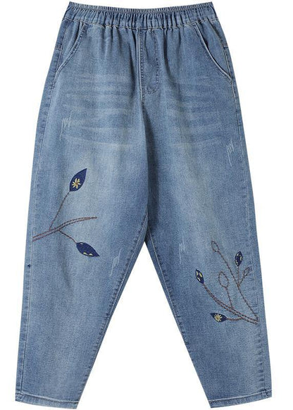 Unique Spring Trousers Denim Blue Wardrobes Elastic Waist Leaf Pant