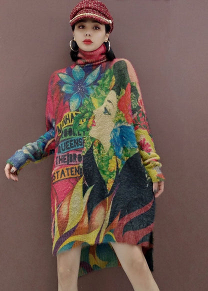 Classy Low High Design Turtle Neck Beauty Print Knit Dress Spring