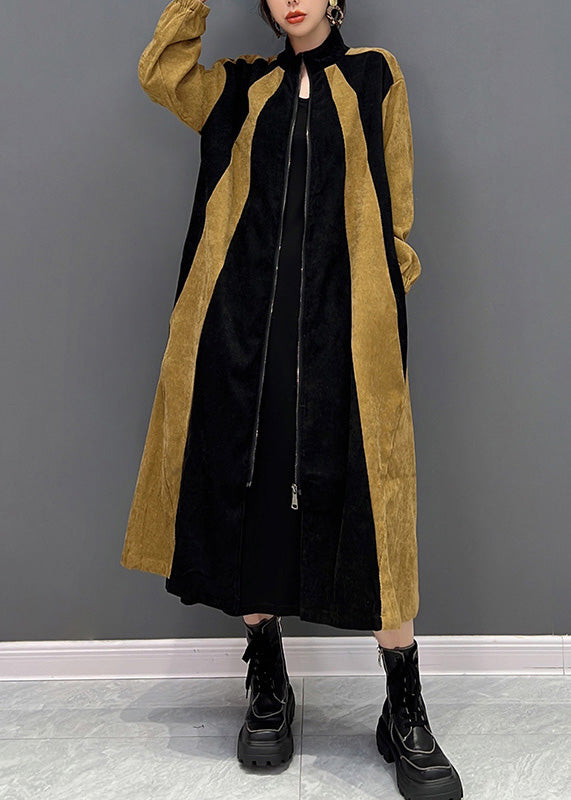 Black Patchwork Yellow Zippered Long Coat Spring