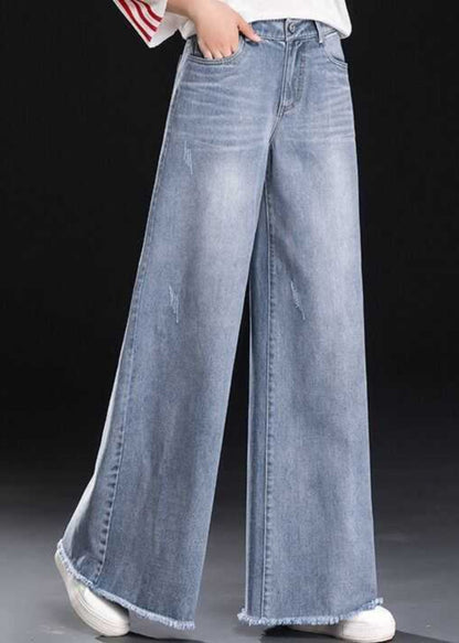 Light Blue Tasseled Denim Straight Pants Summer
