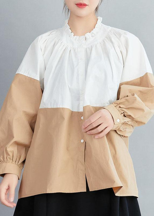 Loose White Colorblock Ruffled Fall Button Long Sleeve Blouses