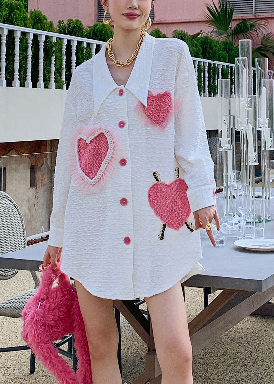 White Peter Pan Collar Embroideried Loving Heart Button Shirt Long Sleeve