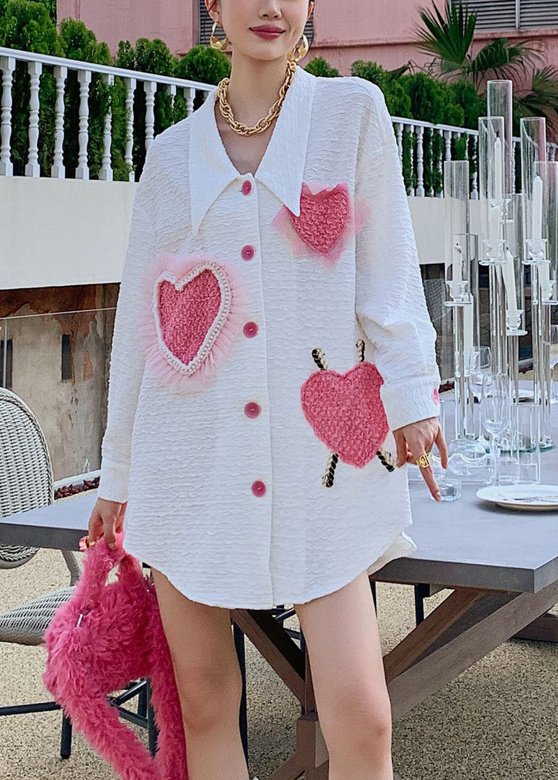 White Peter Pan Collar Embroideried Loving Heart Button Shirt Long Sleeve