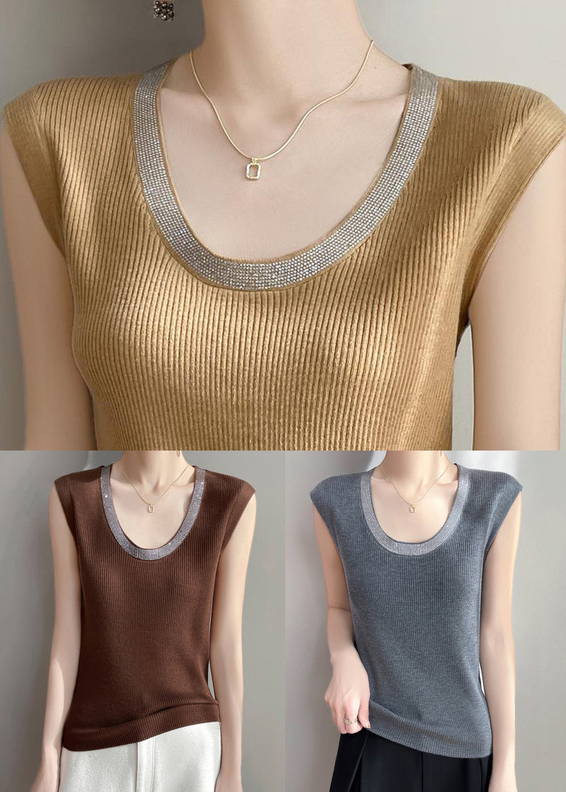 Grey Zircon Patchwork Knit Tank U Neck Sleeveless