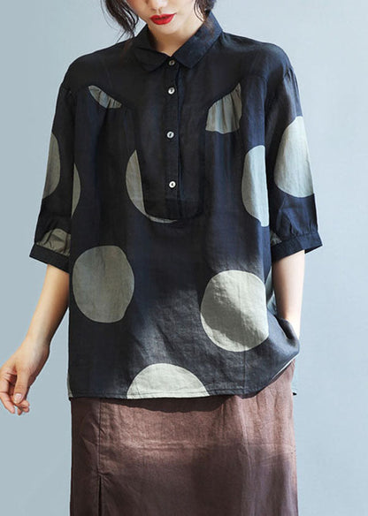 Black Peter Pan Collar Dot Linen Shirt Tops Half Sleeve