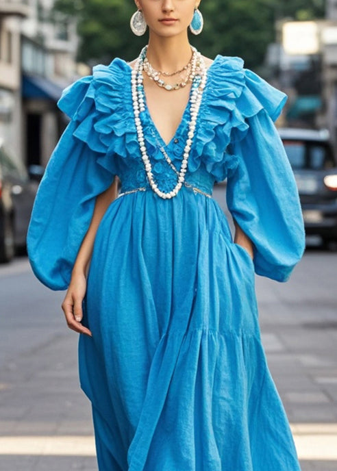 Royal Blue Ruffled Cotton Robe Dresses Fall