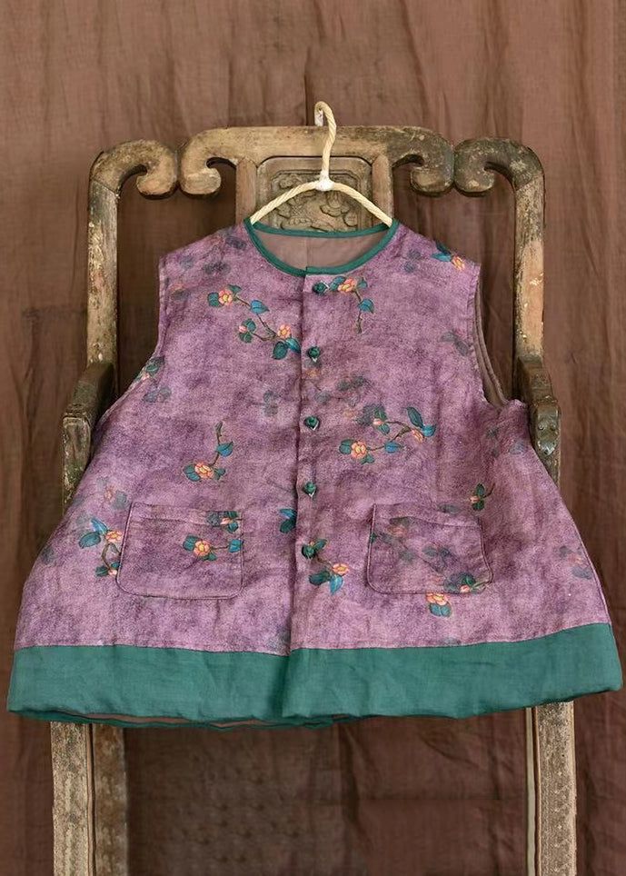 Purple O-neck Print Pockets Fine Cotton Filled Vest Sleeveless