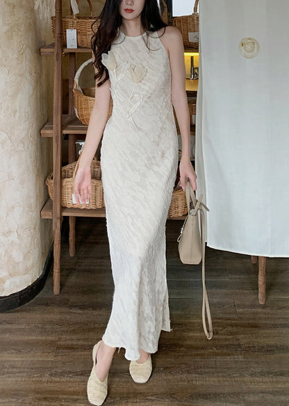 Beige O-neck Side Open Silk Long Dresses Sleeveless Summer