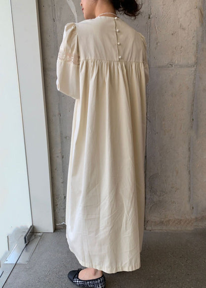 Apricot O Neck Wrinkled Patchwork Cotton Dress Spring