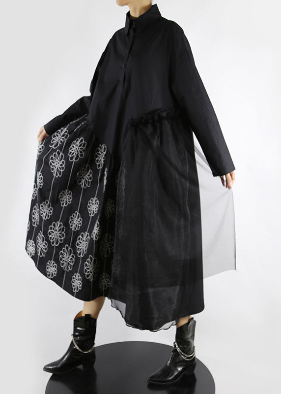 Black Peter Pan Collar Print Tulle Patchwork Shirt Dresses Spring