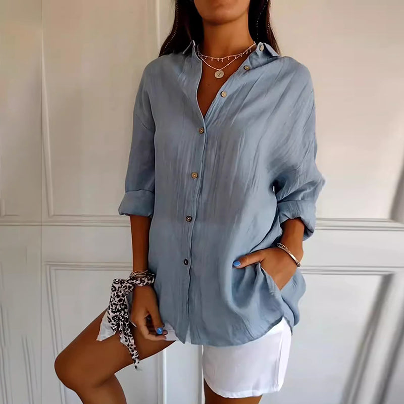 Comstylish Casual Single Breasted Pleated Lapel Solid Color Cotton Linen Shirt
