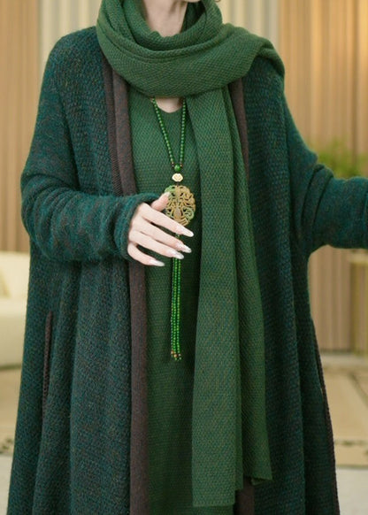 Green V Neck Cozy Warm Cotton Knit Long Cardigans Winter