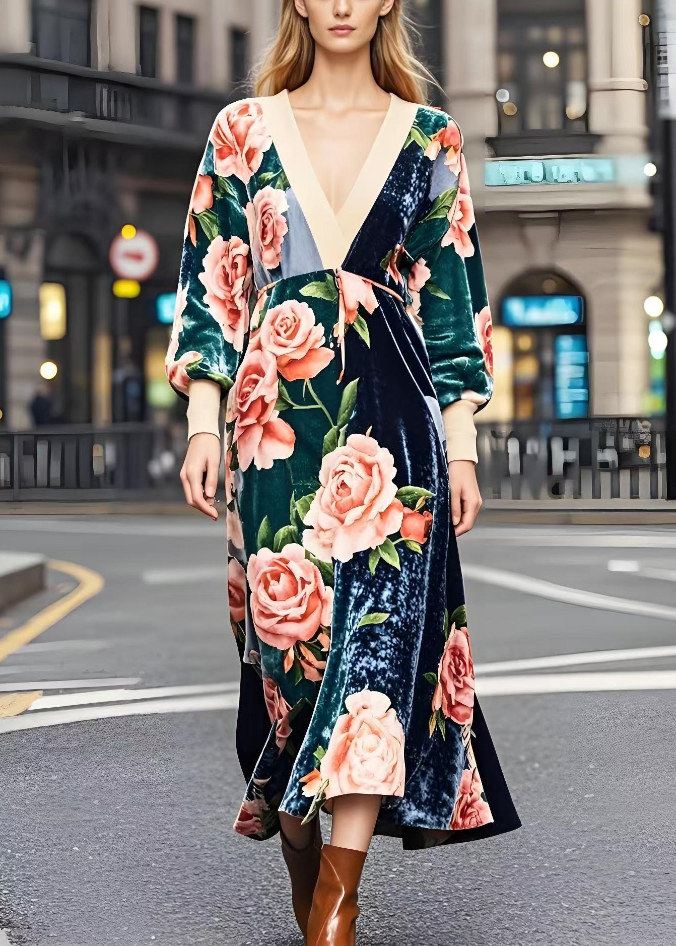 Colorblock V Neck Patchwork Print Silk Velour Dresses Fall