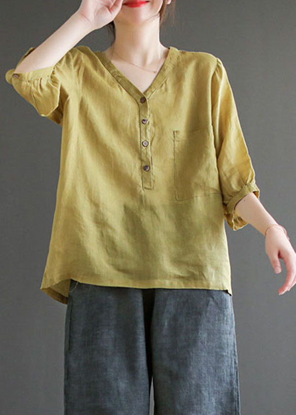 Yellow Green V Neck Button Color Linen Shirts Bracelet Sleeve