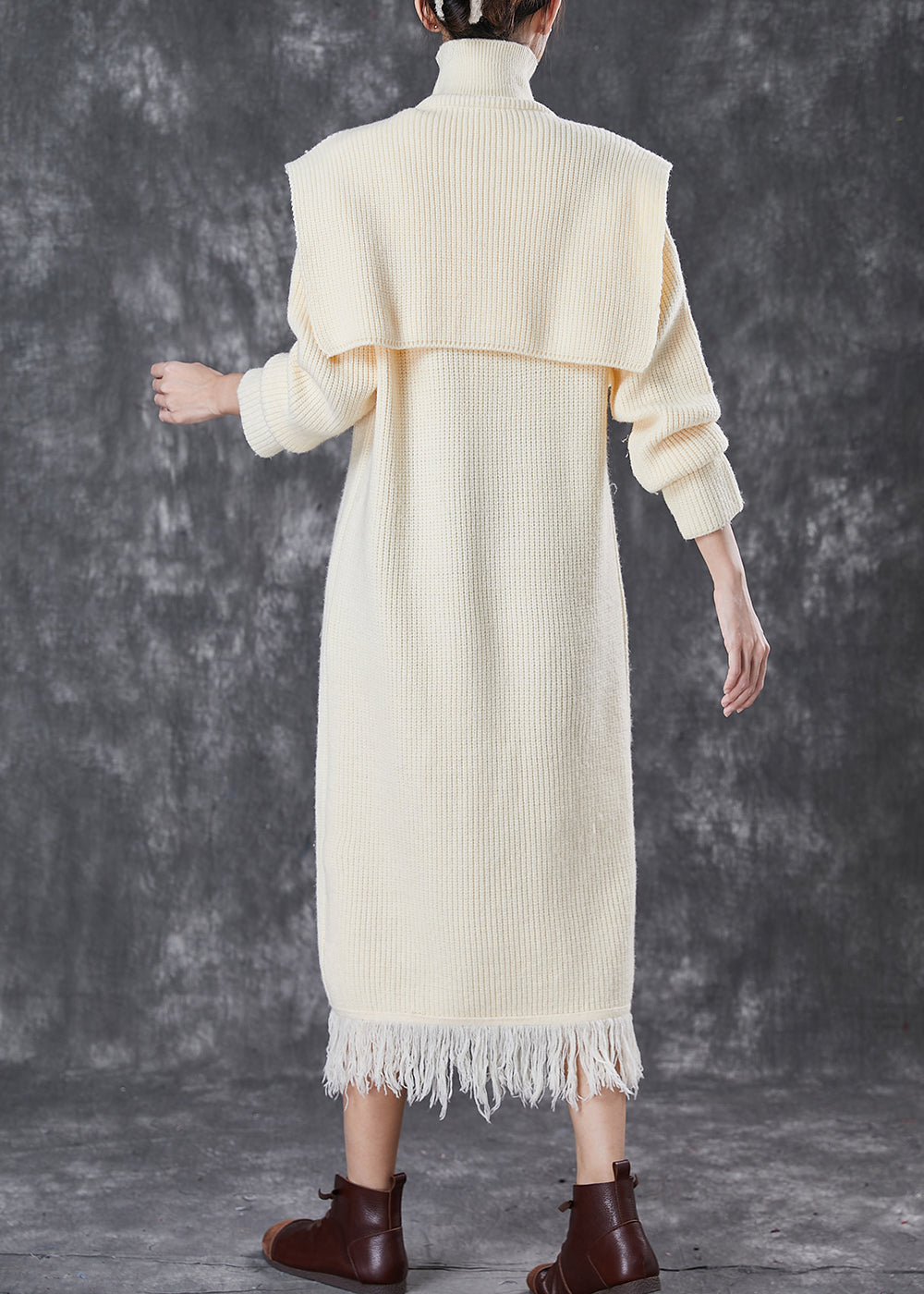 Beige Turtle Neck Knitwear Dress Two Piece Set Spring