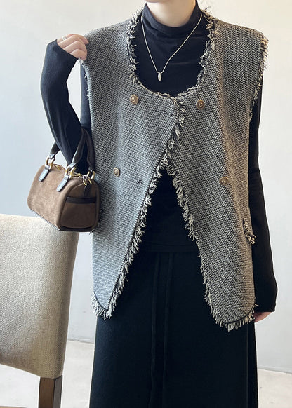 Grey Tasseled Double Breast Knit Vest Sleeveless