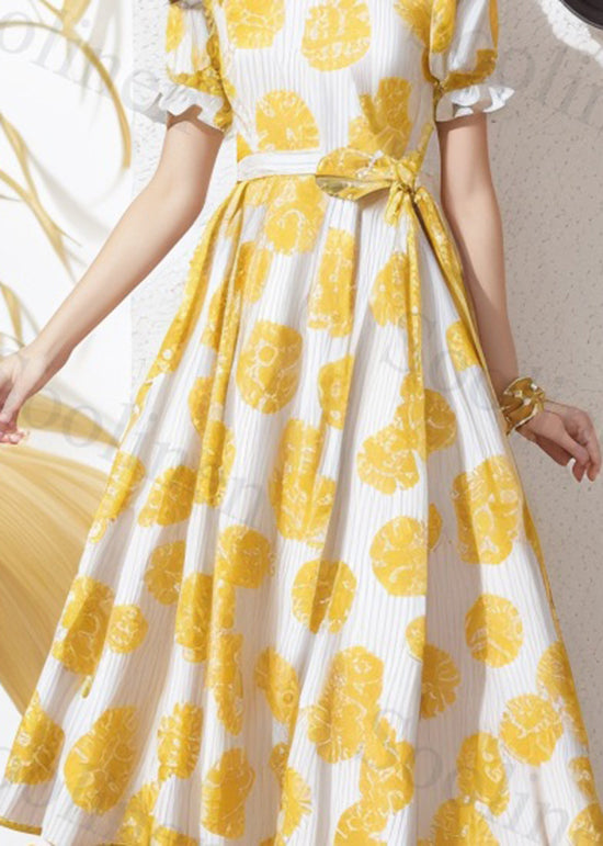 Loose Yellow Ruffled Print Lace Up Silk Dress Summer