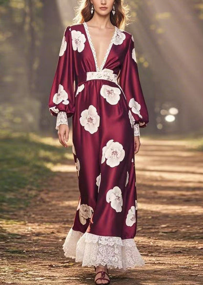 Wine Red V Neck Print Patchwork Silk Long Dress Spring